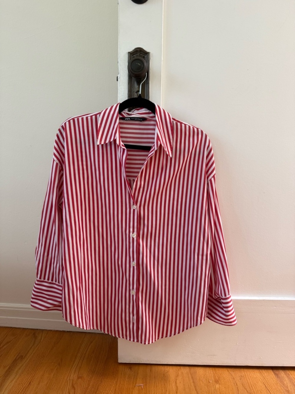 Zara Red and White Vertical Stripe Button-Up Shirt